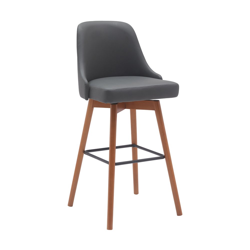 30" Gray And Brown Faux Leather And Fabric And Solid Wood Bar Height Swivel Bar Chair