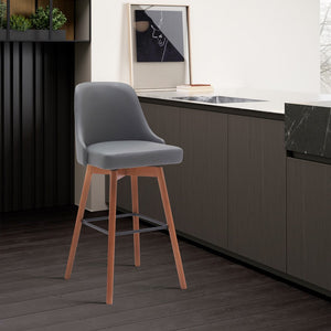 30" Gray And Brown Faux Leather And Fabric And Solid Wood Bar Height Swivel Bar Chair