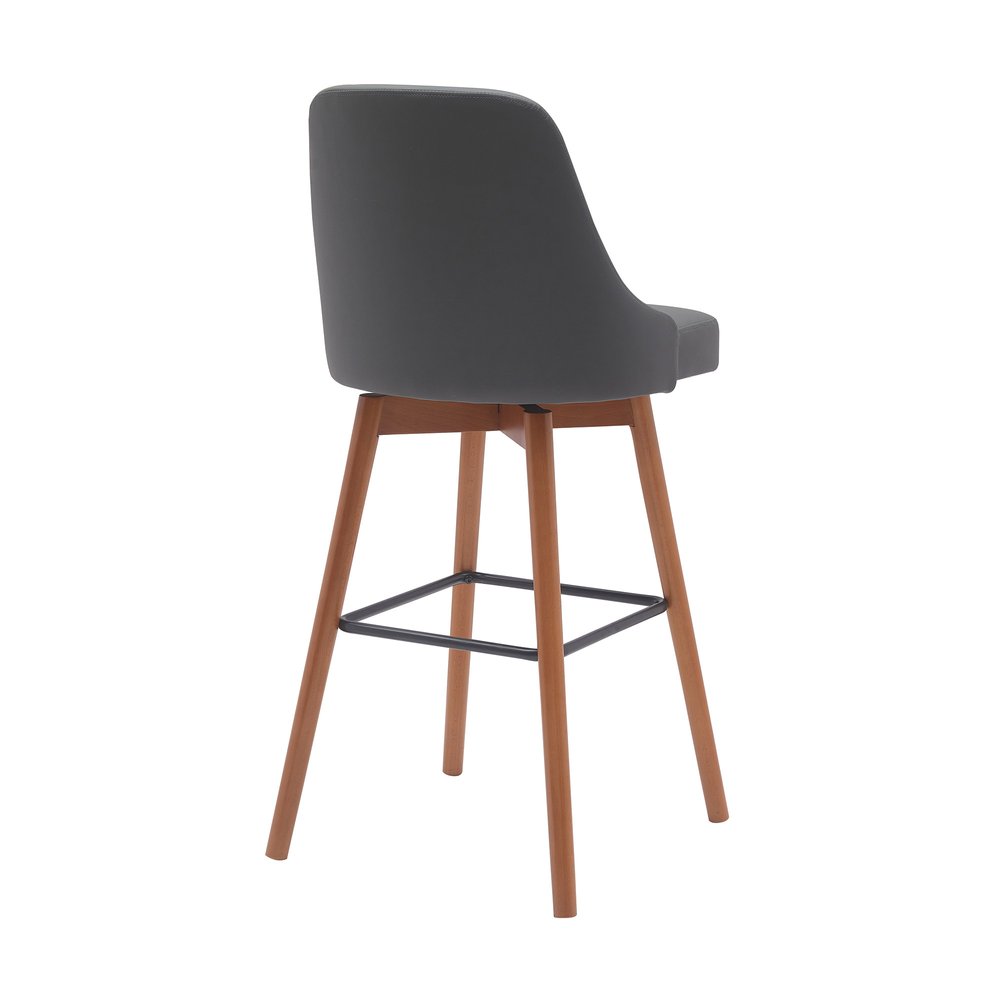 30" Gray And Brown Faux Leather And Fabric And Solid Wood Bar Height Swivel Bar Chair