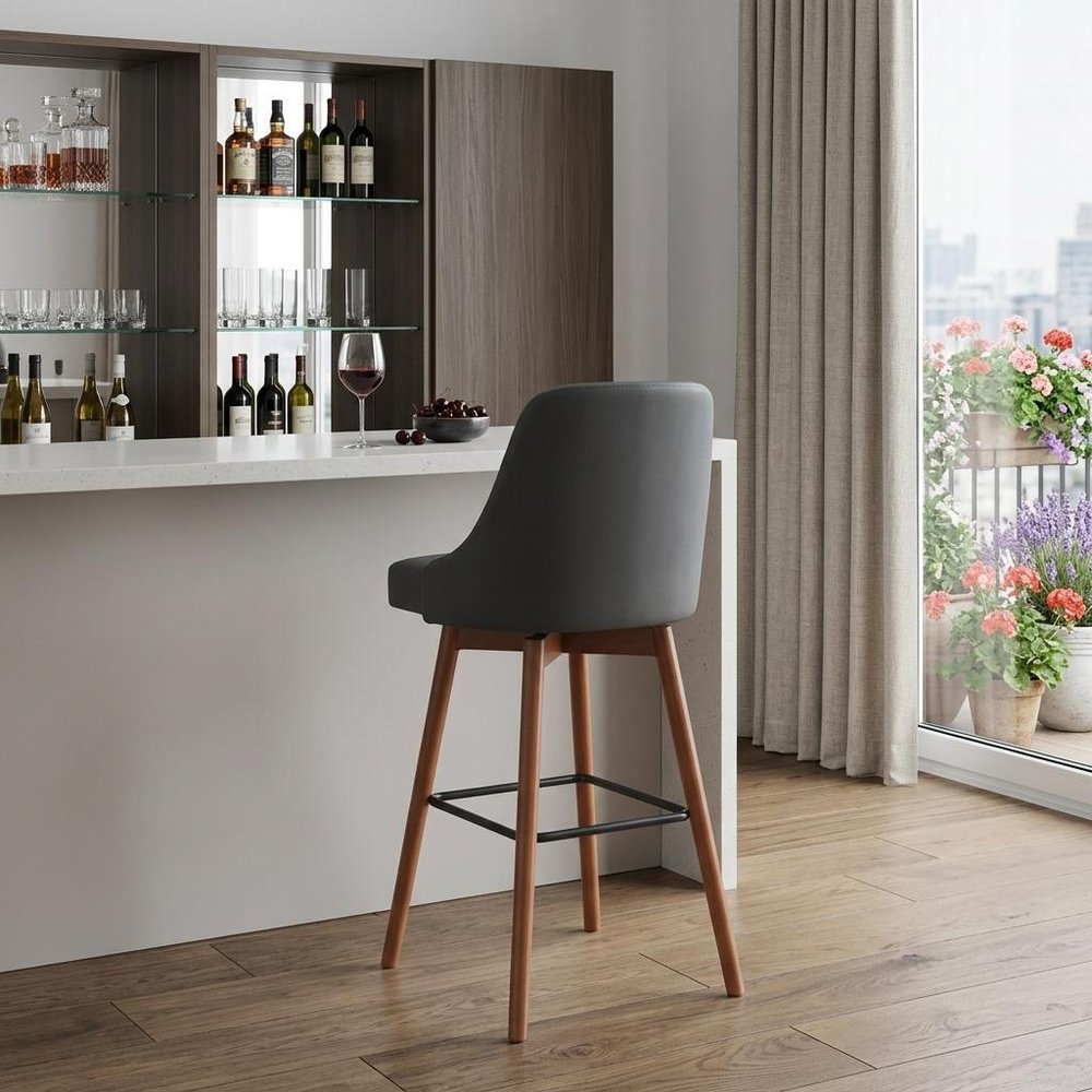 30" Gray And Brown Faux Leather And Fabric And Solid Wood Bar Height Swivel Bar Chair