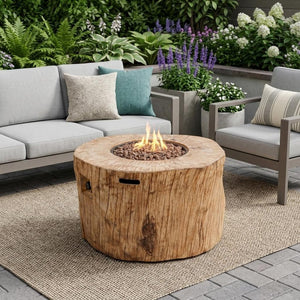 37" Brown Faux Wood Stump Propane Round Fire pit With Cover