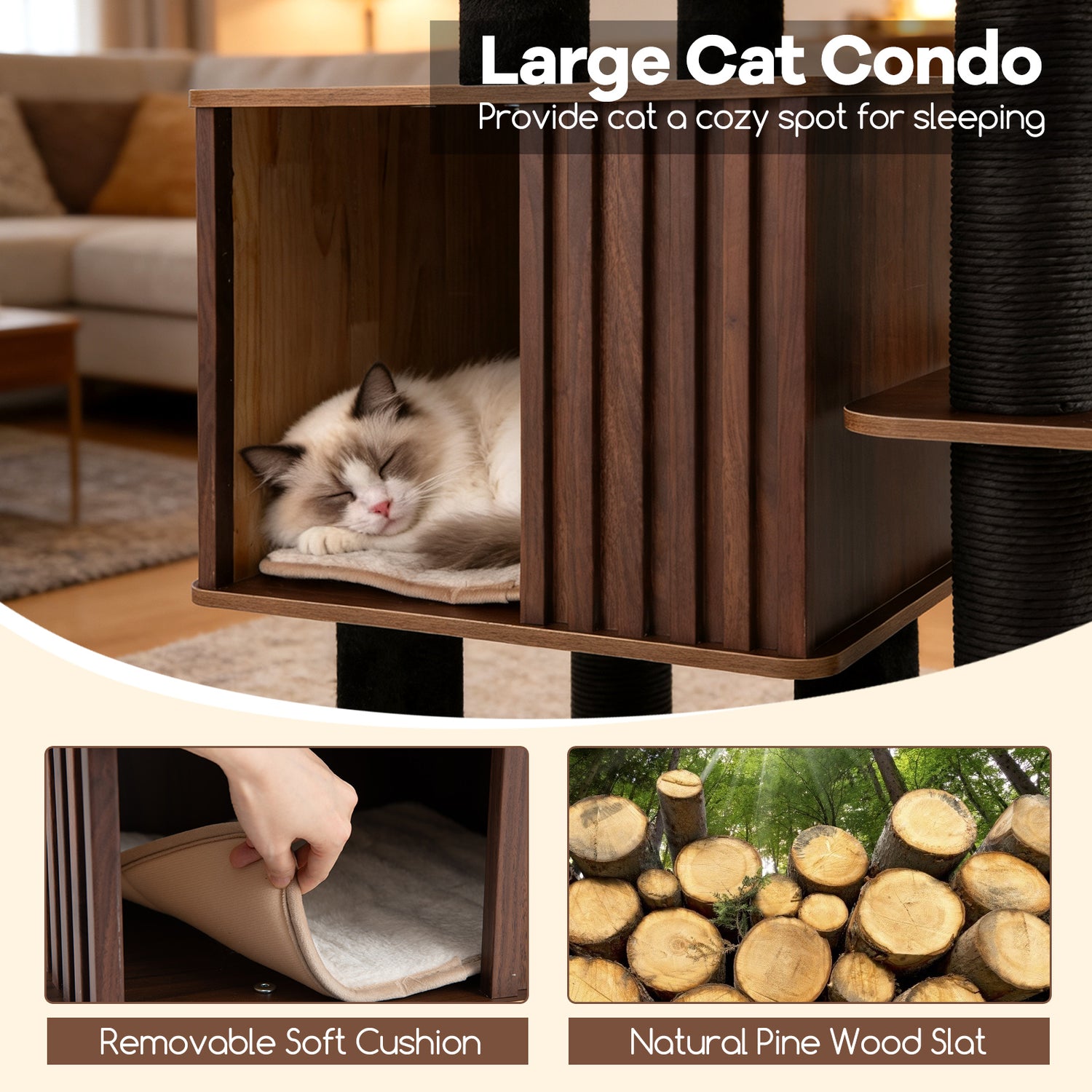 53.5 inch Tall Cat Tree for Indoor Cat Wooden Cat Tower Top Perch with Soft Padding-Brown