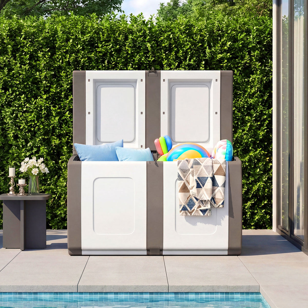 53 Gallon Patio Container with Lockable Lid  for Packages and Garden-Beige