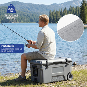 53 Quart Portable Rolling Cooler with Fish Ruler for Outdoor-Gray