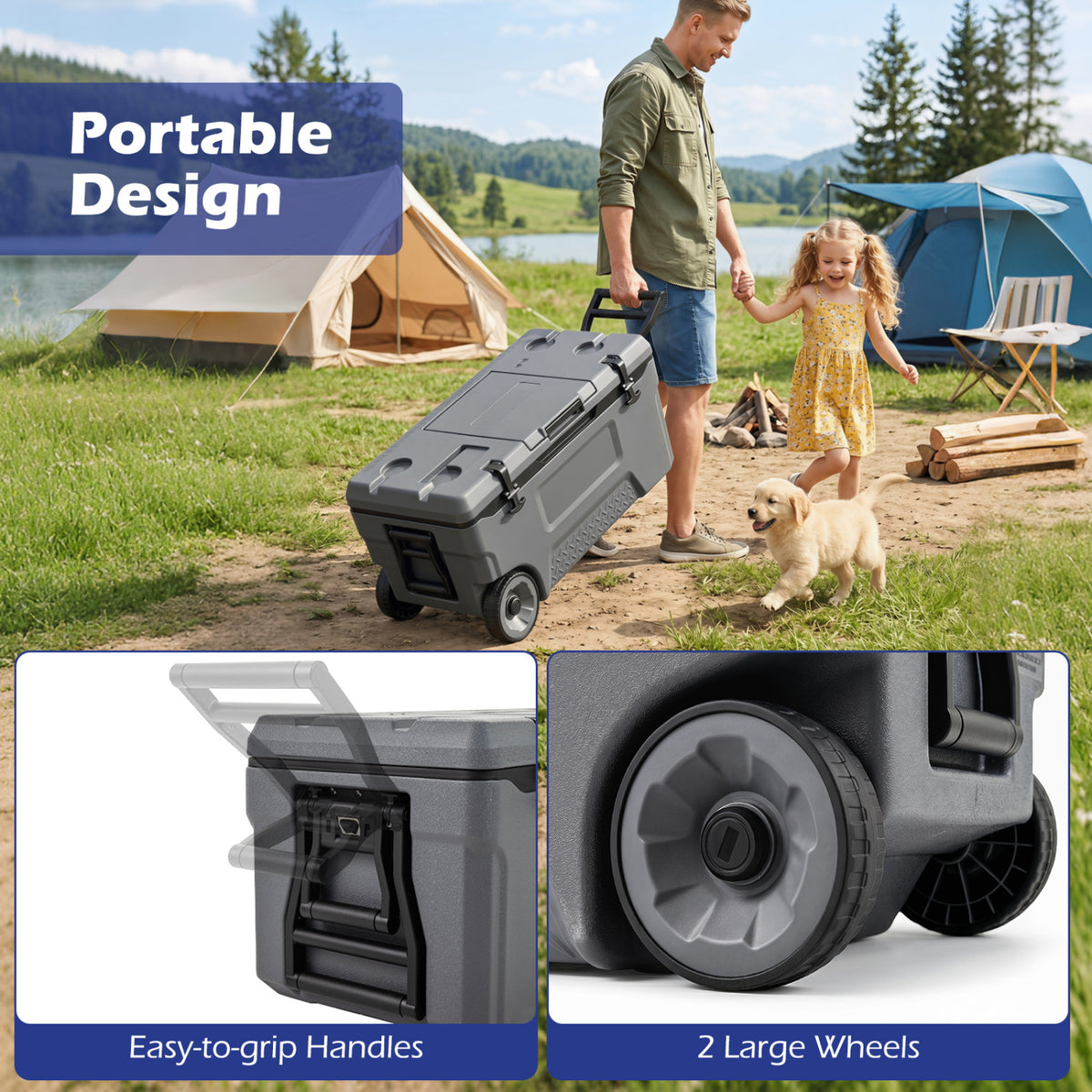 53 Quart Portable Rolling Cooler with Fish Ruler for Outdoor-Gray