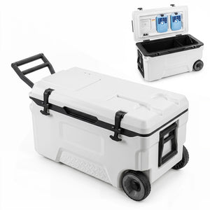 53 Quart Portable Rolling Cooler with Fish Ruler for Outdoor-White