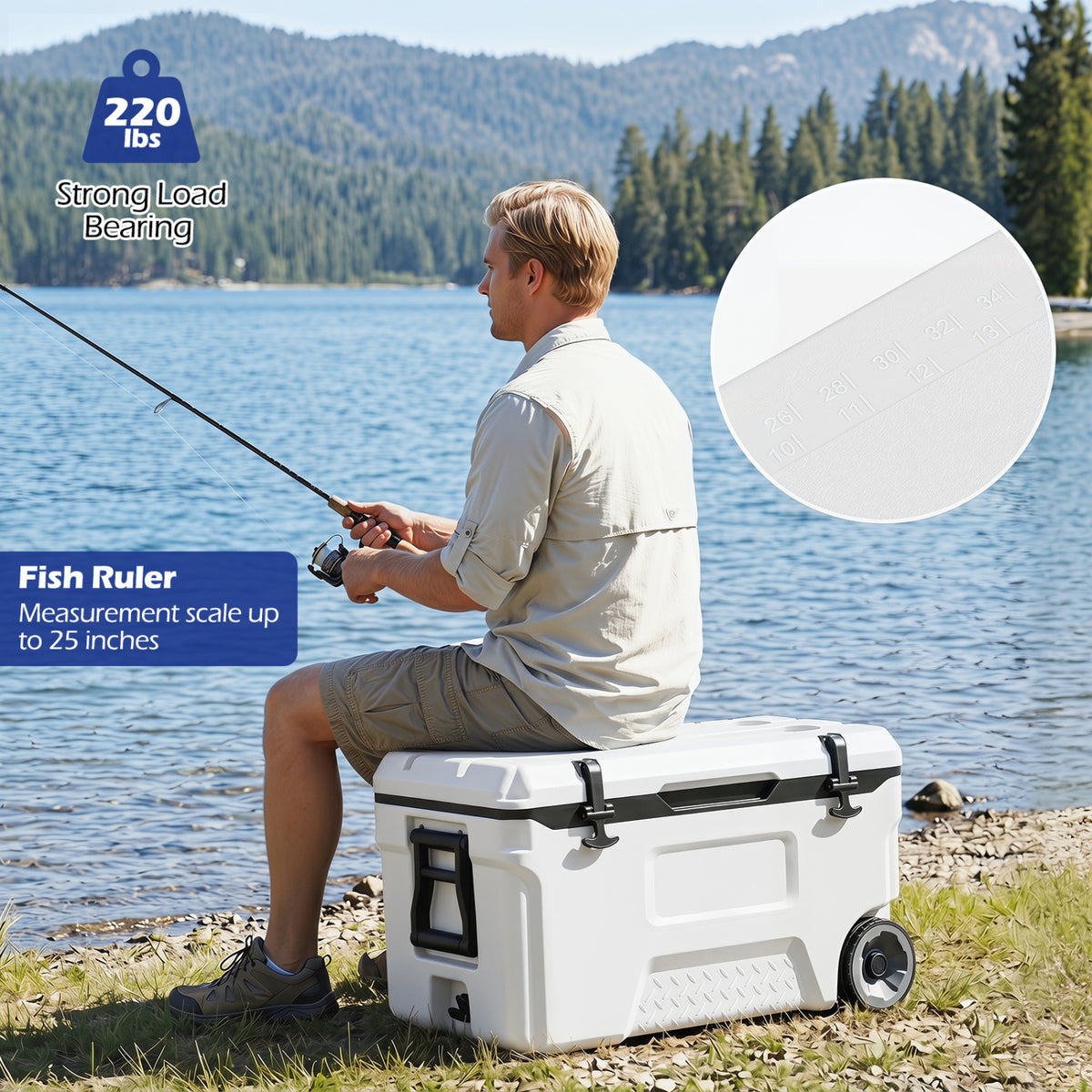 53 Quart Portable Rolling Cooler with Fish Ruler for Outdoor-White