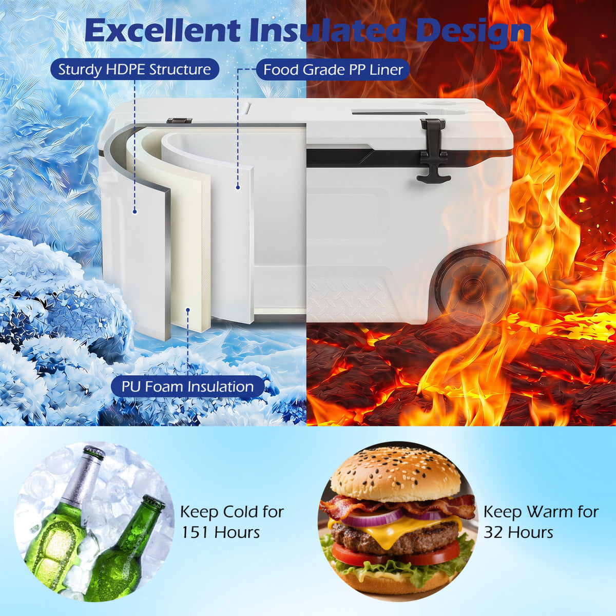 53 Quart Portable Rolling Cooler with Fish Ruler for Outdoor-White