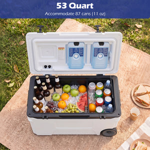 53 Quart Portable Rolling Cooler with Fish Ruler for Outdoor-White