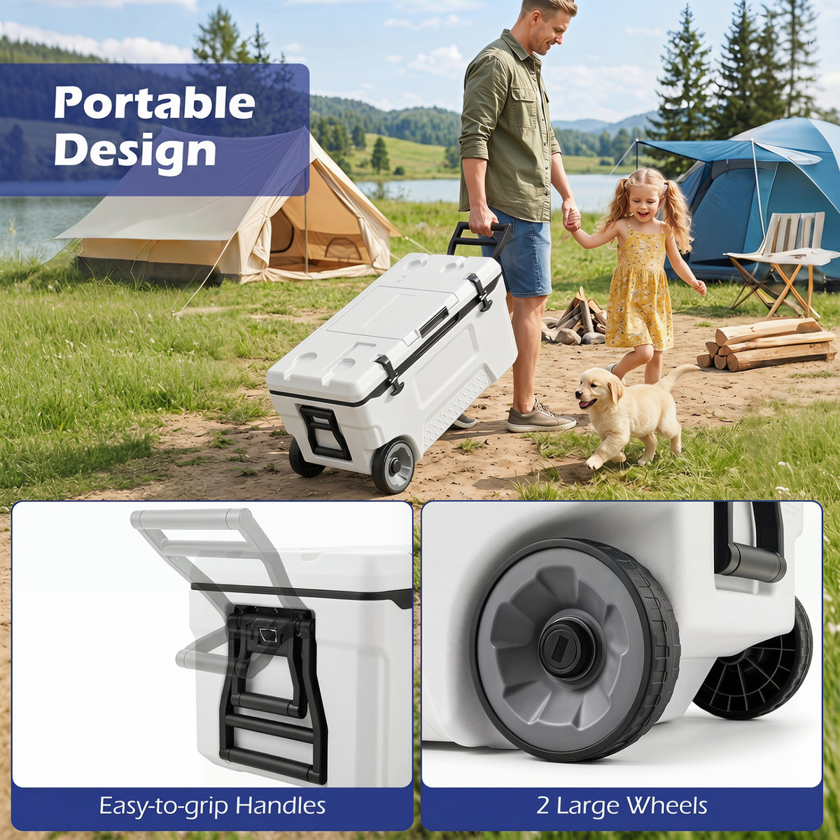 53 Quart Portable Rolling Cooler with Fish Ruler for Outdoor-White