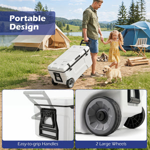 53 Quart Portable Rolling Cooler with Fish Ruler for Outdoor-White