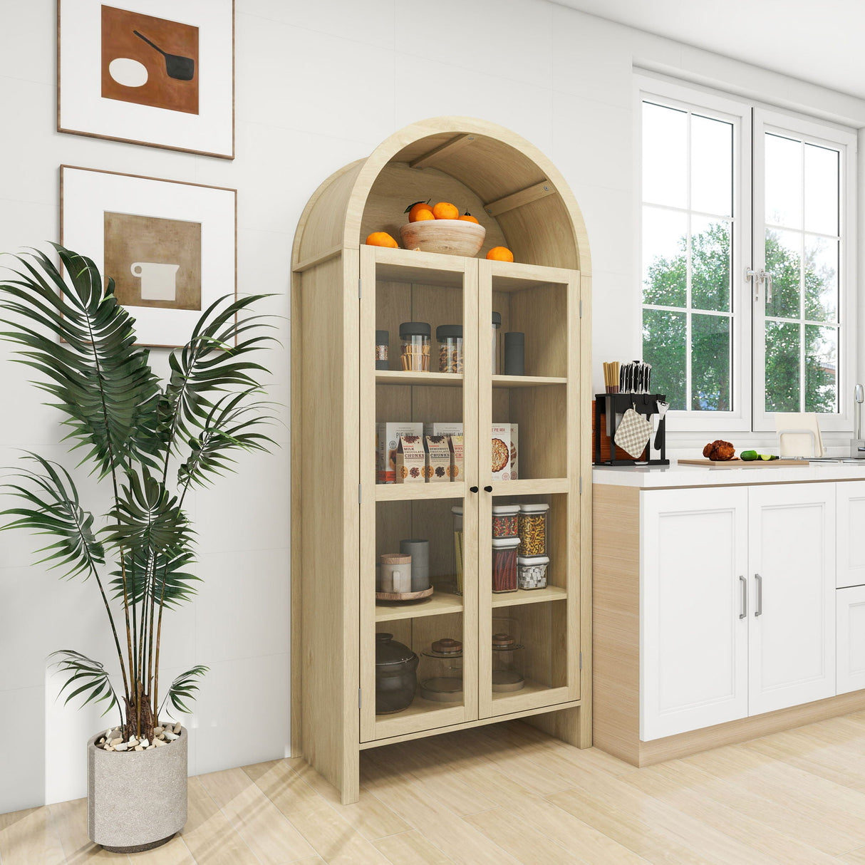 Tall Arched Kitchen Pantry, Modern Farmhouse Wood Kitchen Storage Cabinets, Arched Storage Display Cabinet With Adjustable Shelves, Versatile Cupboard For Kitchen, Dining Room - Natural by Couch.com
