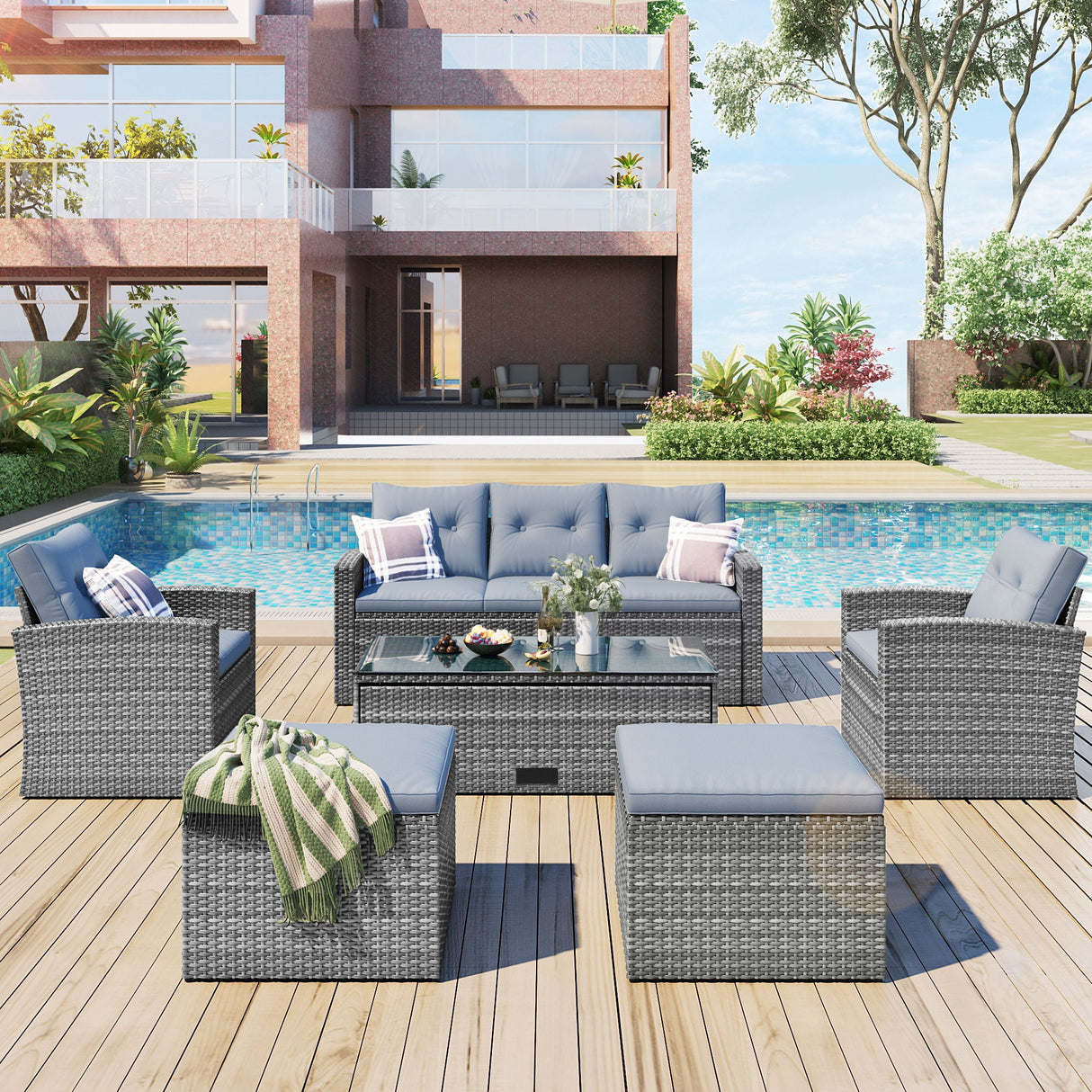 All-Weather Wicker PE Rattan Patio Outdoor Dining Conversation Sectional Set With Coffee Table, Wicker Sofas, Ottomans, Removable Cushions by Couch.com