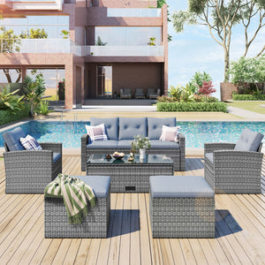 All-Weather Wicker PE Rattan Patio Outdoor Dining Conversation Sectional Set With Coffee Table, Wicker Sofas, Ottomans, Removable Cushions by Couch.com
