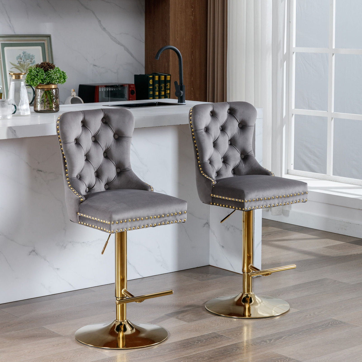 Thick Golden Swivel Velvet Barstools Adjusatble Seat Height From 25-33", Modern Upholstered Bar Stools With Backs Comfortable Tufted For Home Pub And Kitchen Island (Set of 2) by Couch.com
