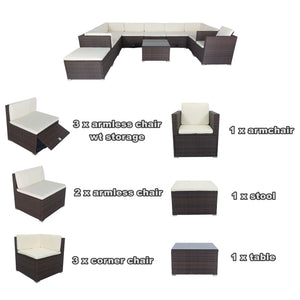 11 Piece Patio Wicker Conversation Set, 10 Seater Patio Sectional Set With 3 Storage Box Under Seat - Brown / White by Couch.com