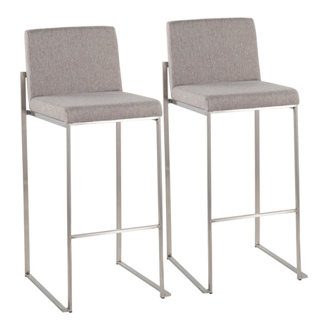 Two Fuji Contemporary and Modern Elegance High Back Barstools with light gray upholstered seats, slim rectangular metal legs, and footrests are shown side by side on a white background.