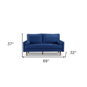 69" Blue Velvet Sofa And Toss Pillows With Dark Brown Legs