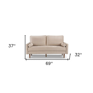 69" Beige Velvet Sofa And Toss Pillows With Dark Brown Legs