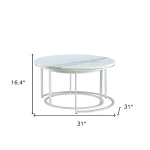 Set of Two 31" White And Silver Genuine Marble And Iron Round Nested Coffee Tables