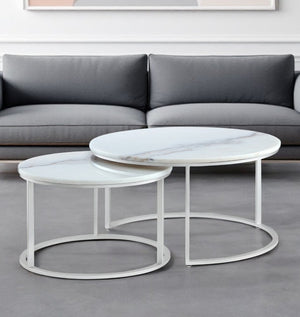 Set of Two 31" White And Silver Genuine Marble And Iron Round Nested Coffee Tables