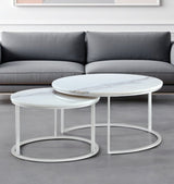 Set of Two 31" White And Silver Genuine Marble And Iron Round Nested Coffee Tables
