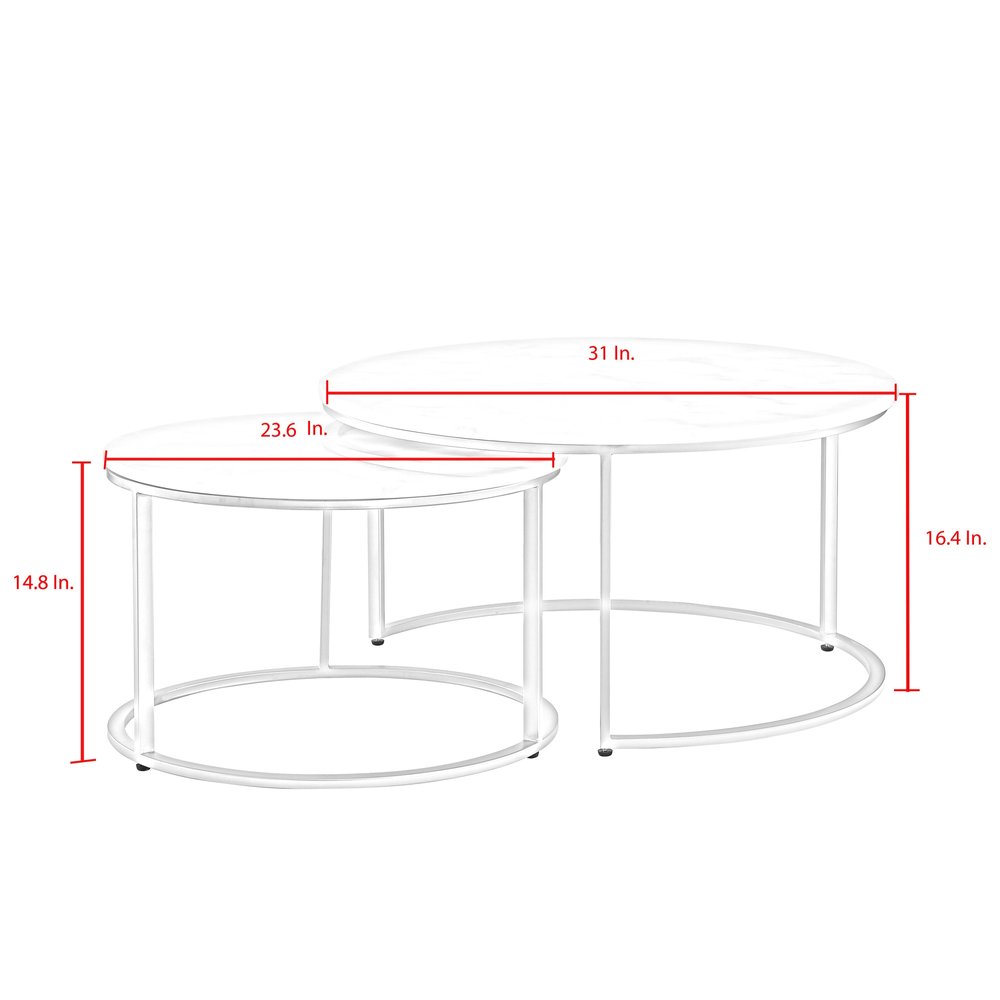 Set of Two 31" White And Silver Genuine Marble And Iron Round Nested Coffee Tables