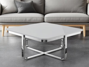 35" Light Gray And Silver Metallic Wood And Stainless Steel Square Coffee Table