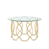 32" Clear And Gold Glass And Iron Round Coffee Table