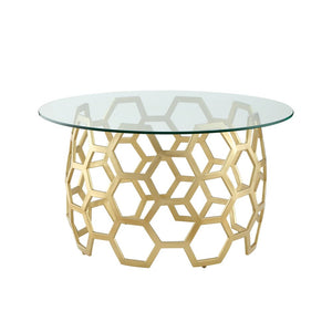 32" Clear And Gold Glass And Iron Round Coffee Table
