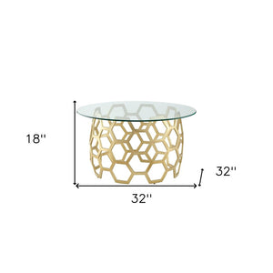 32" Clear And Gold Glass And Iron Round Coffee Table