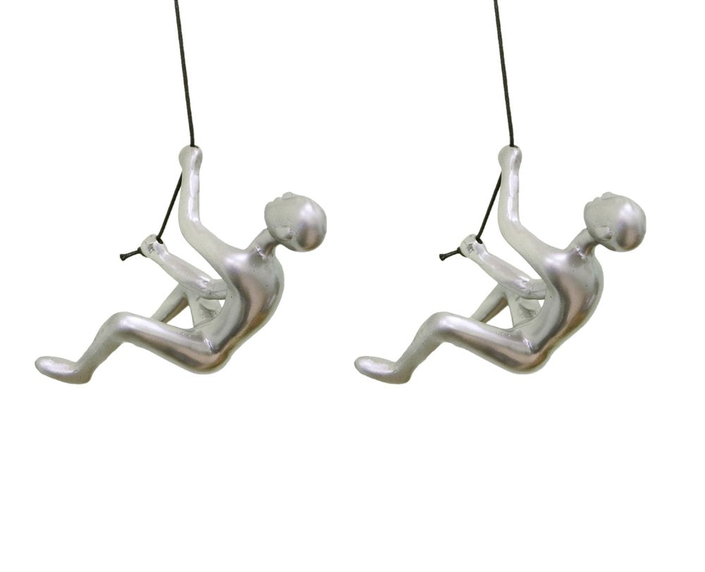 Set of Two Silver Resin Climbing Man Hanging Dimensional Sculpture