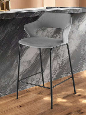 26" Gray and Black Velvet and Steel Low Back Counter Height Bar Chair