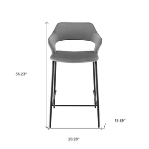 26" Gray and Black Velvet and Steel Low Back Counter Height Bar Chair