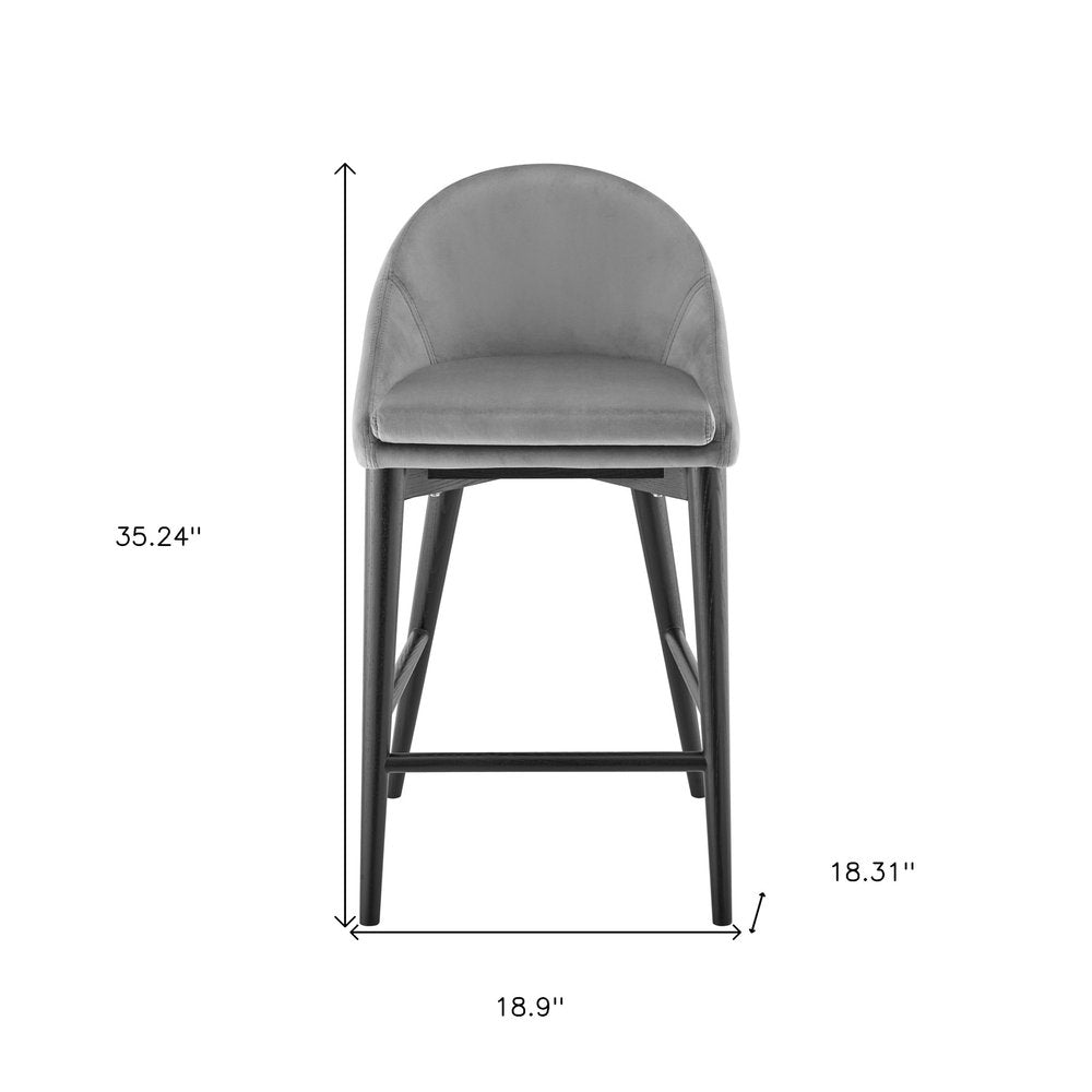 26" Gray and Black Velvet and Solid Wood Low Back Counter Height Bar Chair