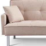 85" Beige Polyester Blend Convertible Futon Sleeper Sofa And Toss Pillows With Silver Legs