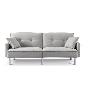85" Light Gray Polyester Blend Convertible Futon Sleeper Sofa And Toss Pillows With Silver Legs