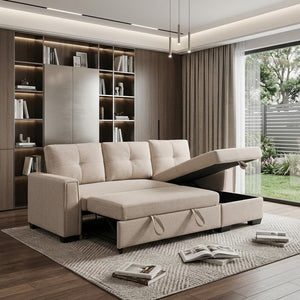92" Beige Polyester Blend Convertible Futon Sleeper Sofa With Black Legs