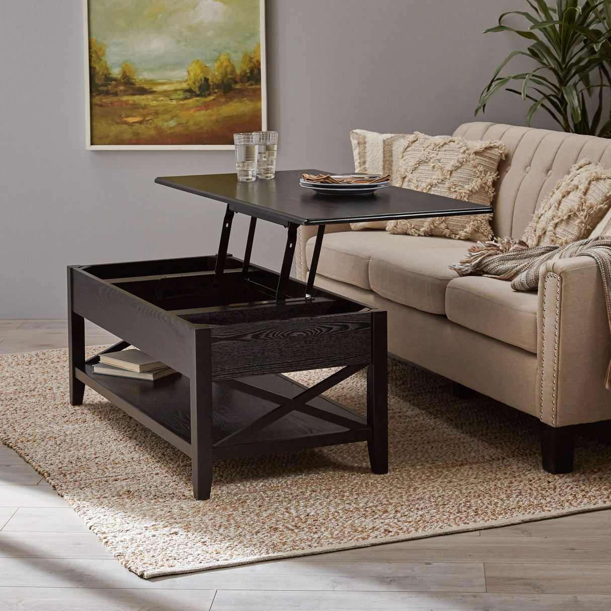 Decatur Farmhouse Lift Top Coffee Table With Storage - Black / Ash