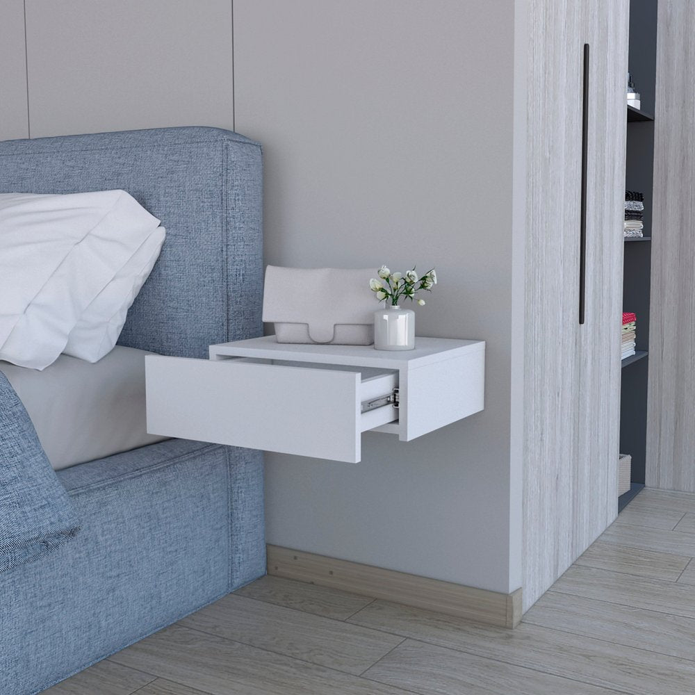 16" White Wood One Drawer Floating Nightstand
