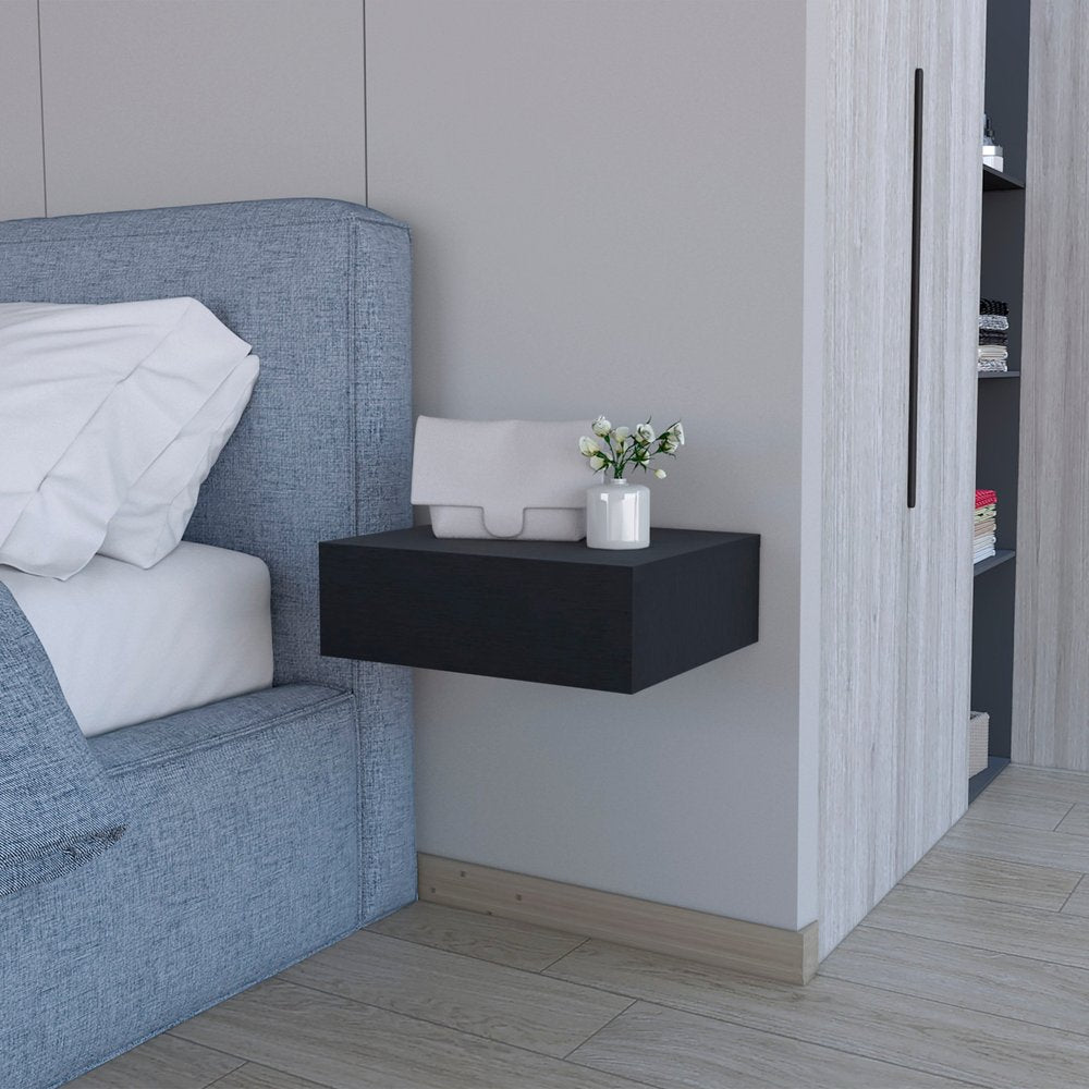 16" Black Wood One Drawer Floating Nightstand