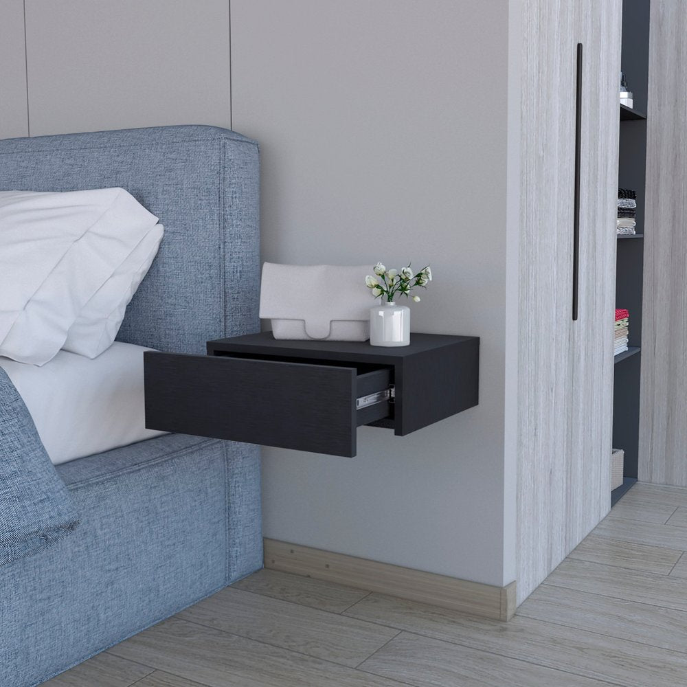 16" Black Wood One Drawer Floating Nightstand