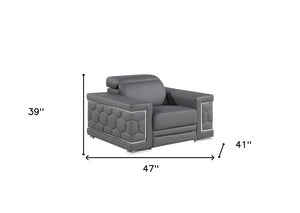 47" Granite Gray And Silver Genuine Leather Club Chair