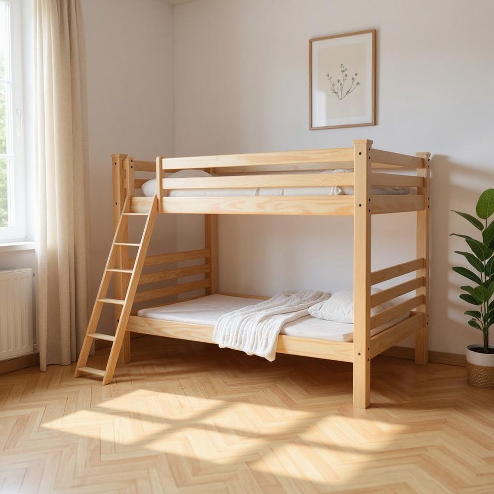 Natural Queen Over Queen Solid Wood Bunk Bed