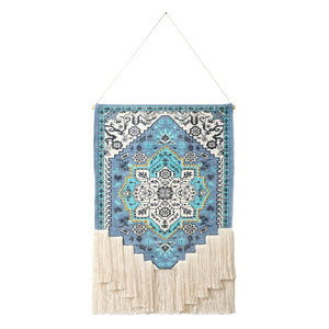 45" X 26" Blue Aqua And Ivory Flower Floral Cotton Macrame Hanging Tapestry