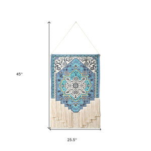 45" X 26" Blue Aqua And Ivory Flower Floral Cotton Macrame Hanging Tapestry
