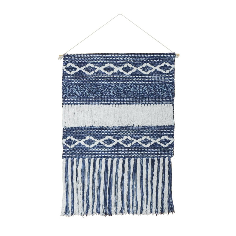 26" X 51" Denim Blue And White Geometric Cotton Macrame Hanging Tapestry