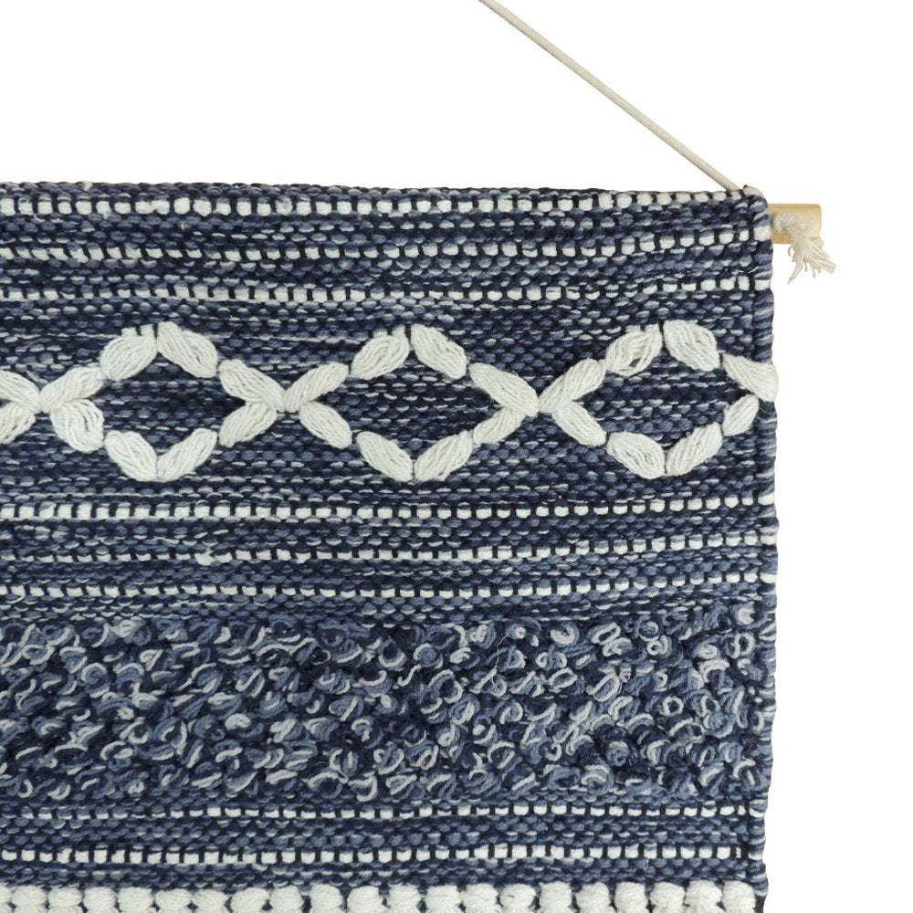 26" X 51" Denim Blue And White Geometric Cotton Macrame Hanging Tapestry