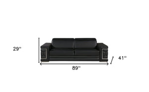 89" Black Leather Sofa With Silver Legs
