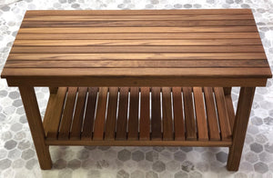 18" X 30" Brown Teak Rectangular Shower Bench With Shelf
